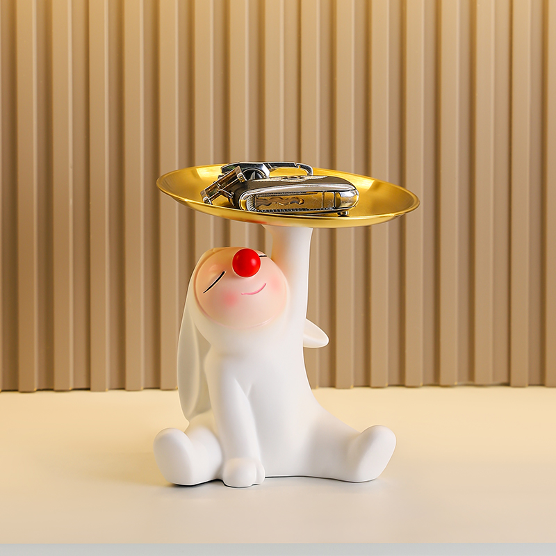 Resin Art Tray - Adorable White Bunny Resin Sculpture Golden