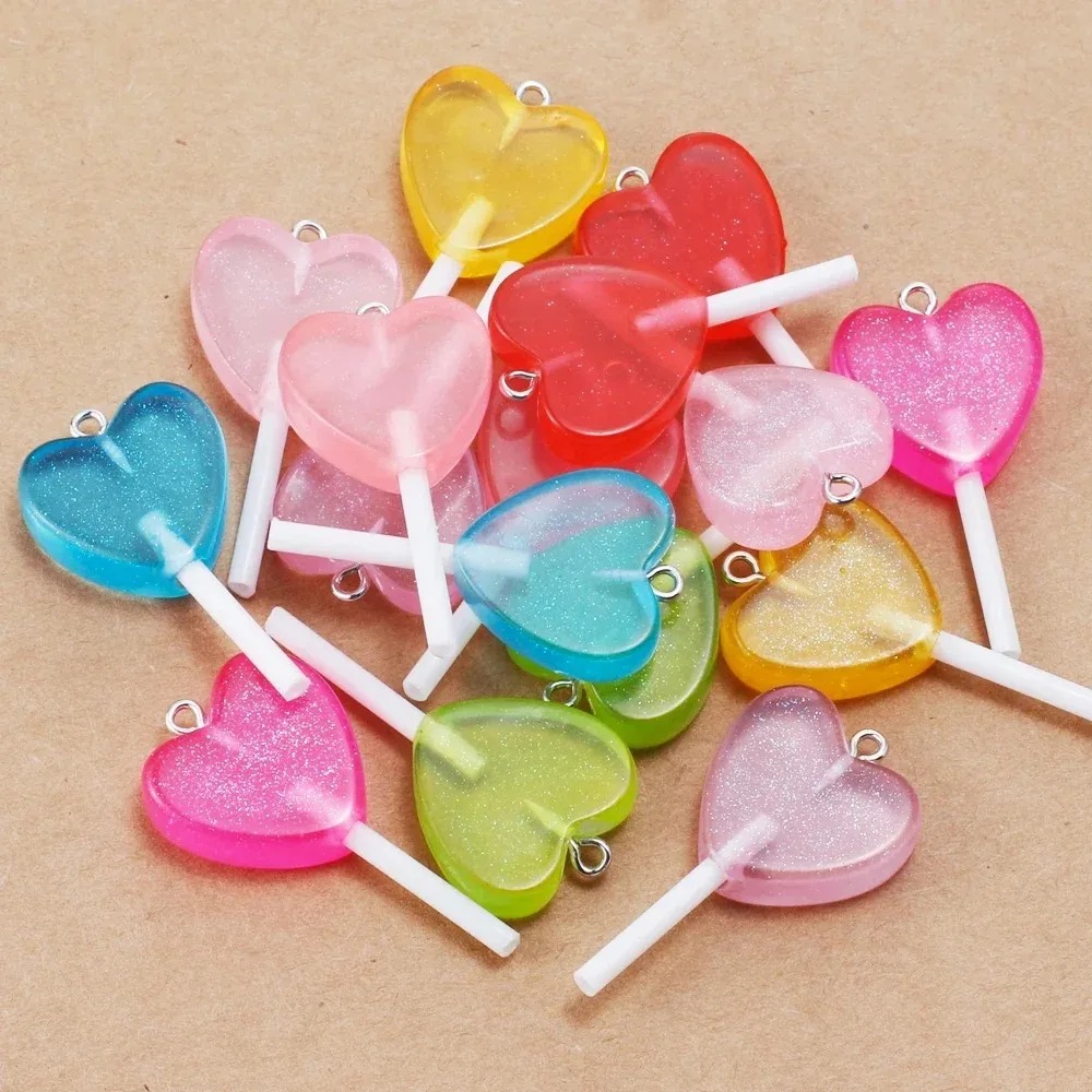 Resin Art Box - 10Pcs Kawaii Sparkly Heart Lollipop Resin